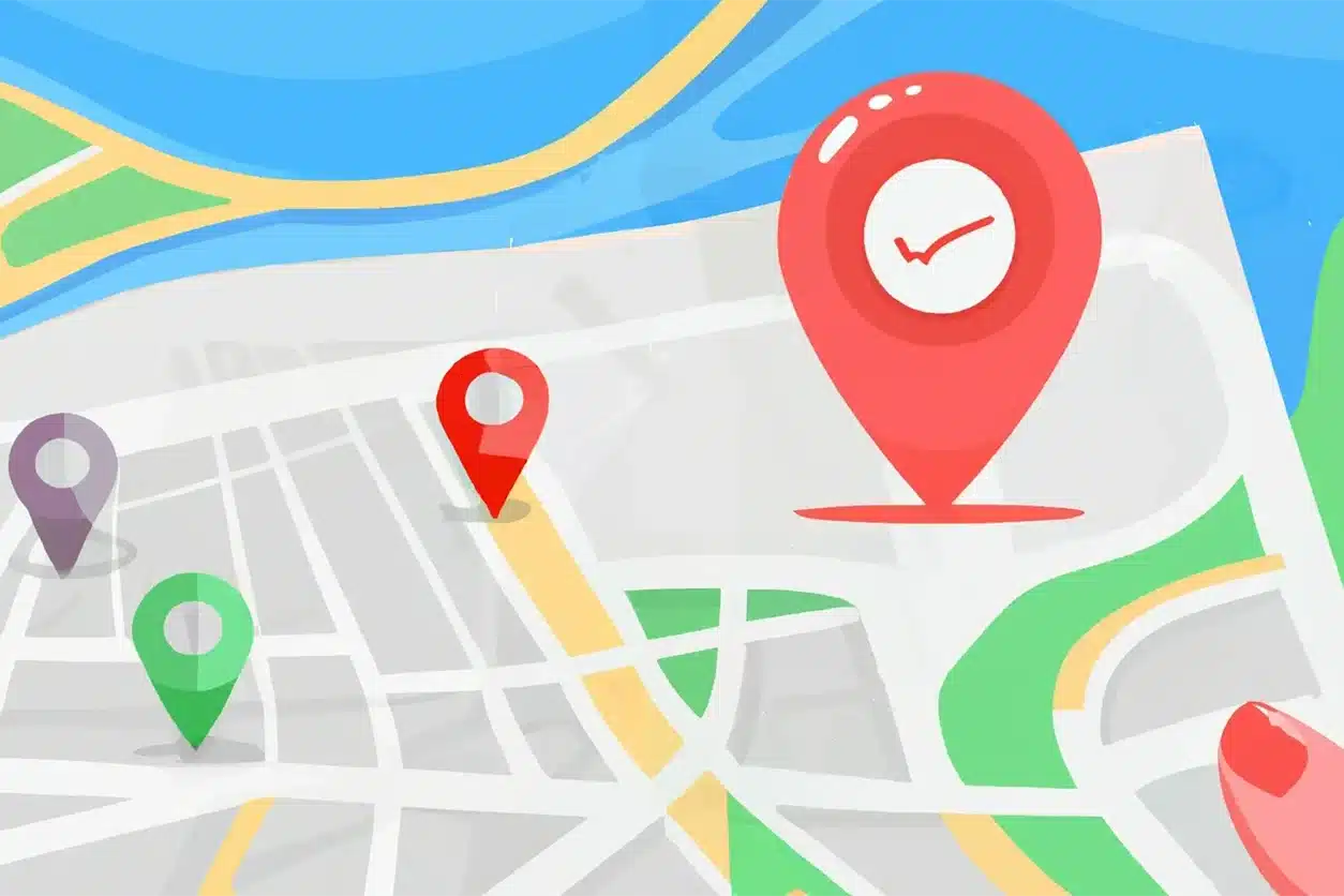 Brisbane local using a mobile phone with location pins highlighting nearby businesses